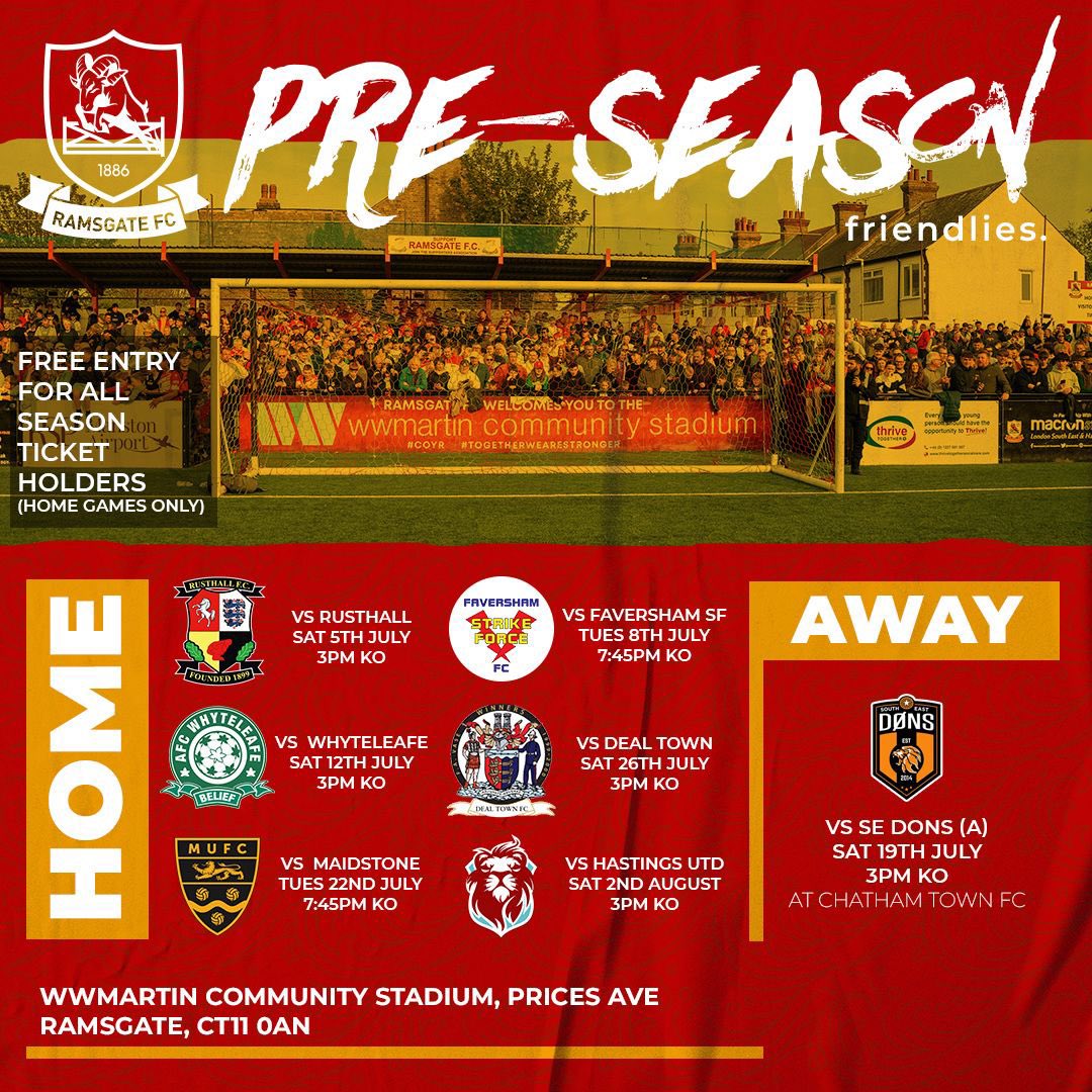 A reminder that our second preseason friendly takes place tomorrow night at the WW Martin Community Stadium against Faversham Strike Force! Kickoff is at 7:45pm.

Along with Saturday’s friendly at home to AFC Whyteleafe, entry will be FREE for everyone!

For our remaining home