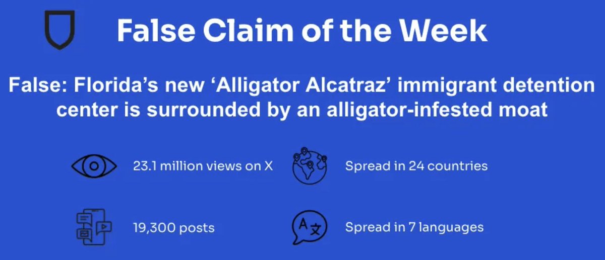 NewsGuardRating's tweet image. NewsGuard’s False Claim of the Week: Florida’s ‘Alligator Alcatraz’ immigrant detention center is surrounded by an alligator-infested moat
Read it in Reality Check: newsguardrealitycheck.com/p/alligator-al…