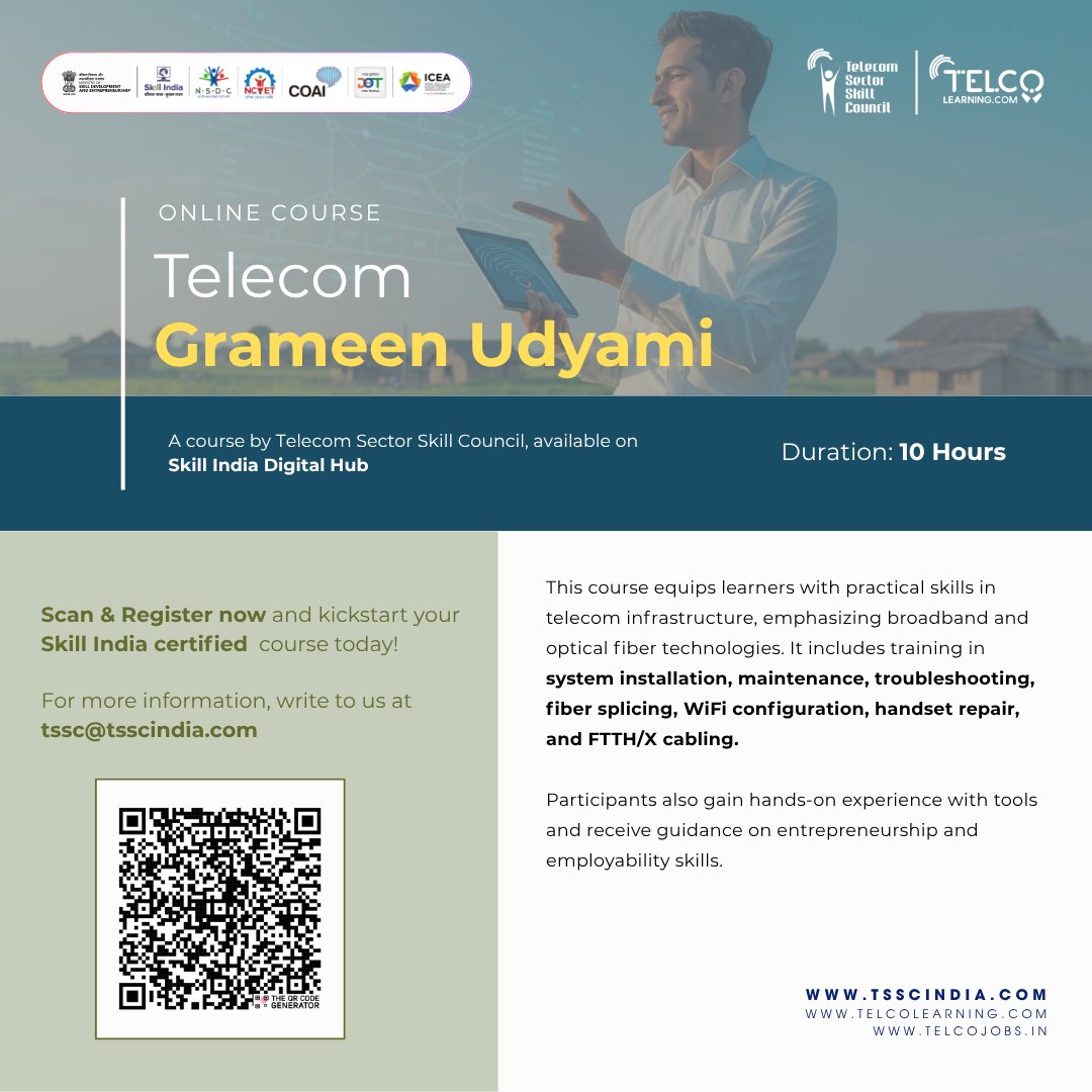 Telecom Sector Skill Council (@tsscindia) on Twitter photo Telecom Grameen Udyami: Telecom mein banayein apna career!
📌 Abhi register karein:
skillindiadigital.gov.in/courses/detail…
tsscindia.com
<a href="/MSDESkillIndia/">Skill India</a>
#telecomcourse #grameen #telecom #rural #telecom #infrastructure #course #elearning #tssc #onlinecourse Telecom Grameen Udyami: Telecom mein banayein apna career!
📌 Abhi register karein:
skillindiadigital.gov.in/courses/detail…
tsscindia.com
<a href="/MSDESkillIndia/">Skill India</a>
#telecomcourse #grameen #telecom #rural #telecom #infrastructure #course #elearning #tssc #onlinecourse