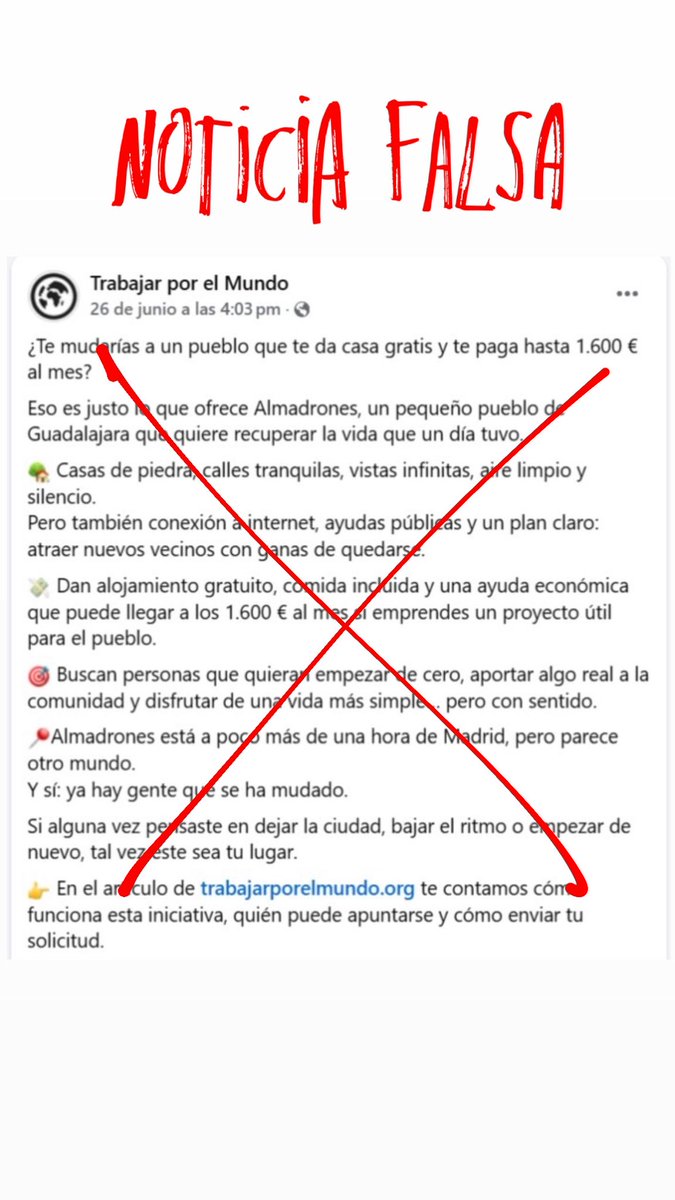 ⚠️La información que se está difundiendo por redes sociales hablando de casa gratis y 1.600 euros al mes en #Almadrones es falsa.
😢Lamentamos que haya organizaciones o individuos que lanzan este tipo de noticias generando expectativas que no son reales.
#StopBulos #fakenews
