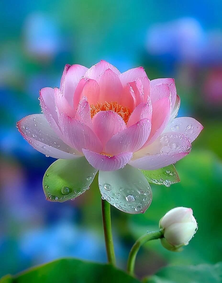 粉莲绽蕊，胭脂般的花瓣在风中轻颤，暗香浮动。骤雨初歇，琼珠在莲心流转，宛若碧玉盘中滚动的银丸。蛙鸣乍起，惊碎满池清影，却让这方水境更显空灵禅韵。