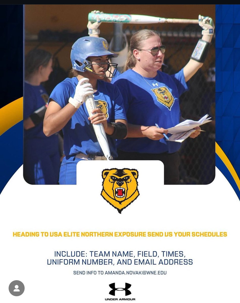 WNE Softball (@wnesoftball) on Twitter photo 🚨Recruiting Alert🚨
USA Elite hosts their Annual Northern Exposure showcase this upcoming week. Coach Novak will be attending the recruiting event Thursday and will be coaching a team on Friday night. Drop your schedules ⬇️ or email Amanda.novak@wne.edu 🚨Recruiting Alert🚨
USA Elite hosts their Annual Northern Exposure showcase this upcoming week. Coach Novak will be attending the recruiting event Thursday and will be coaching a team on Friday night. Drop your schedules ⬇️ or email Amanda.novak@wne.edu