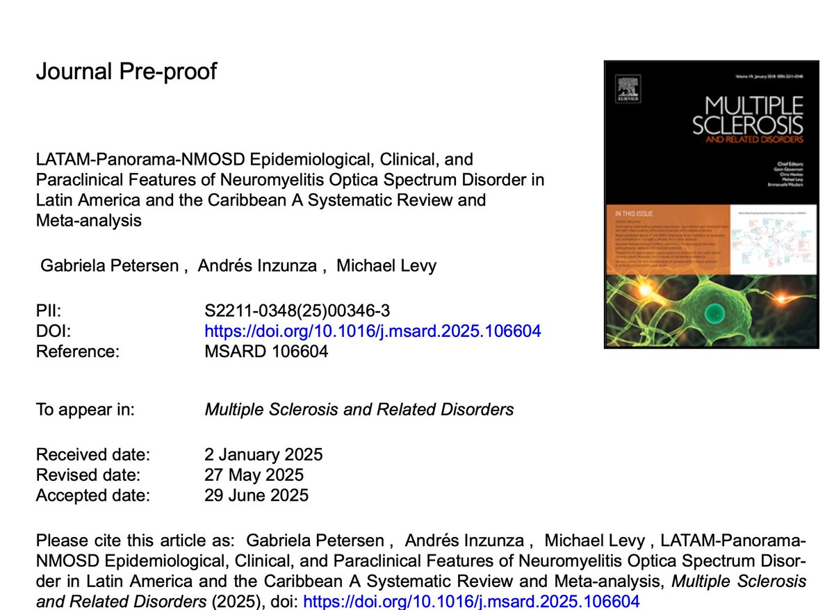 Andres Inzunza (@andresinzunzamd) on Twitter photo đš Publication Alert! <a href="/gabypeof/">Gaby Petersen</a>
Latin America has some of the highest prevalences of #NMOSDđ, yet major gaps remain in our understanding.
In our new study, we look at the epidemiological, clinical, and paraclinical landscape of NMOSD in the region.
sciencedirect.com/science/articl⊠đš Publication Alert! <a href="/gabypeof/">Gaby Petersen</a>
Latin America has some of the highest prevalences of #NMOSDđ, yet major gaps remain in our understanding.
In our new study, we look at the epidemiological, clinical, and paraclinical landscape of NMOSD in the region.
sciencedirect.com/science/articlâŠ