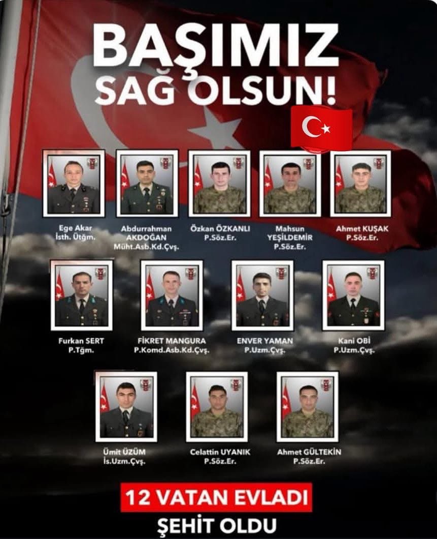 Şehitlerimize Cenabı Allah'tan rahmet , kederli ailelerine başsağlığı niyaz ediyorum.
(gerekli tahkikatın yapılacağından , komuta kademesi içerisinde sorumluluğun araştırılacağından şüphemiz yoktur..) #TSK