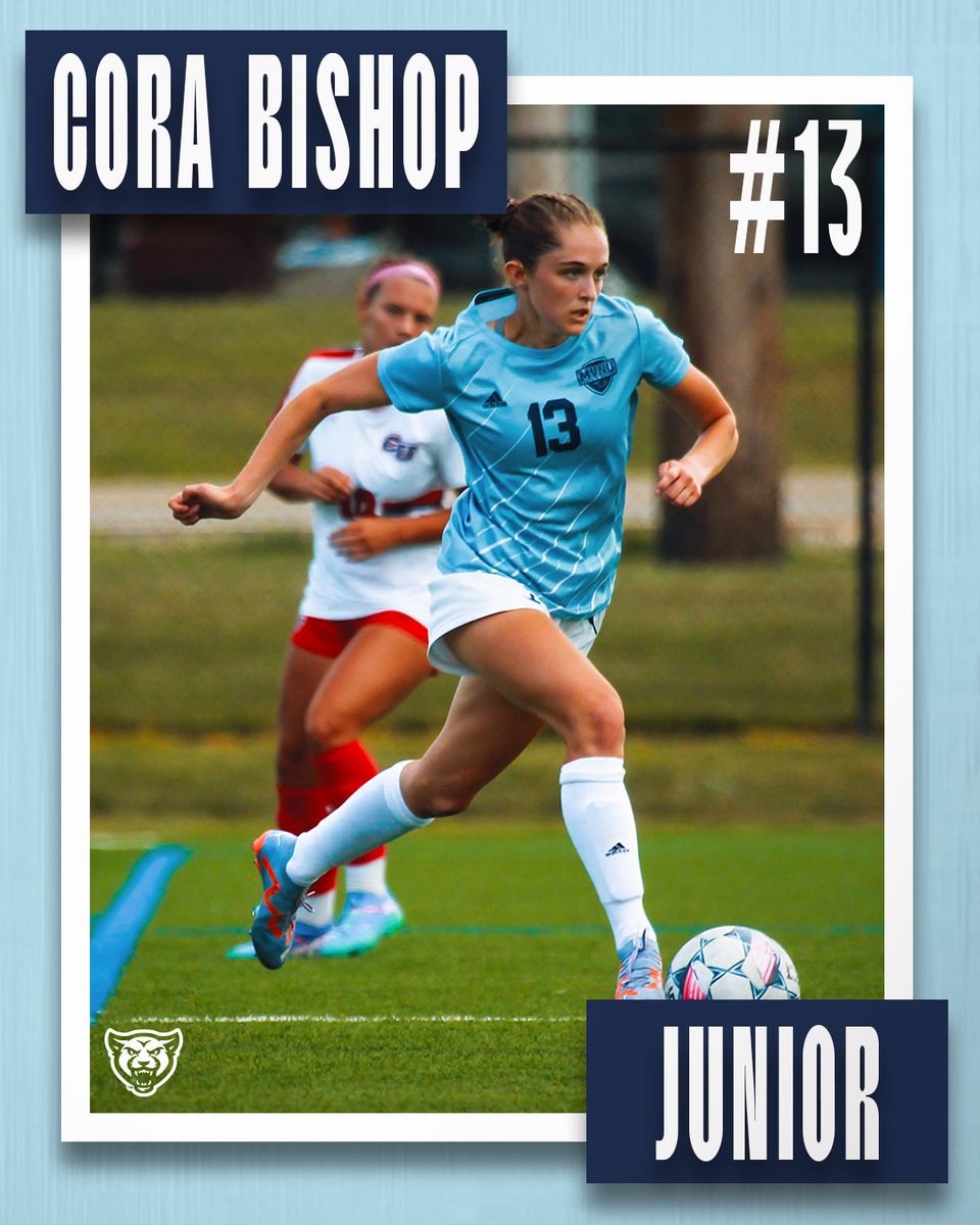 Next up returning this upcoming fall we have Junior #13 Cora Bishop! ⚽️🩵

Here are some fun facts about Cora you might not know:
- In her free time she longboards.
- She loves to go bouldering.
- She enjoys baking and sewing.