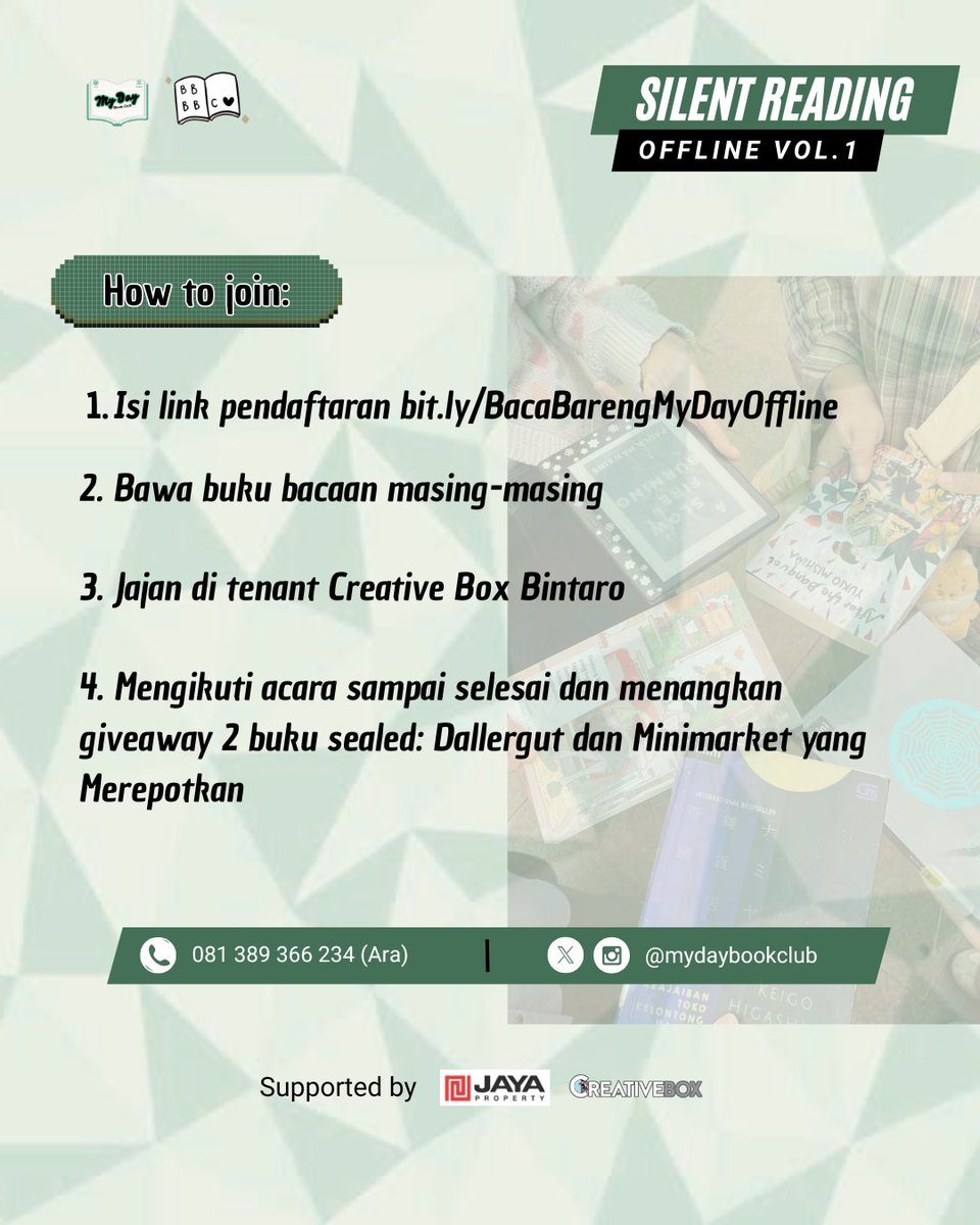 [SILENT READING OFFLINE VOL.1]

Siapa yang sudah nunggu sesi offline silent reading My Day Book Club? 🙋🏼‍♀️🙋🏻
Masih berkolaborasi dengan BBB Book Club, yuk segera daftar dan bertemu teman-teman My Day lainnya sambil baca buku kesukaan✨💖

#BacaBarengMyDay