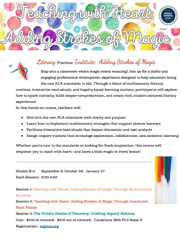 ✨ Join our "Teaching with Heart: Adding Strokes of Magic" Literacy Institute for K-5 &amp; 6-12 educators. Boost ELA skills with interactive read-alouds, inquiry stations &amp; multisensory techniques!

Register now!

🍎K-5: tinyurl.com/MGRESAK5Litera…
✏️6-12: tinyurl.com/MGRESA612Liter…