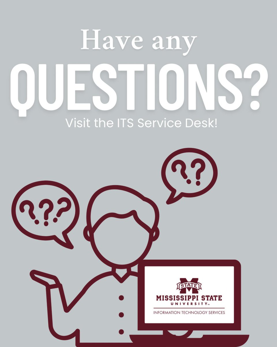 Got tech questions? Whether you’re on campus or off, MSU ITS has your back! Visit the ITS Service Desk in person at 108 Allen or explore our online knowledge base at servicedesk.msstate.edu, for answers, how-to guides, and tech support. We're here to help!

#msstate #its