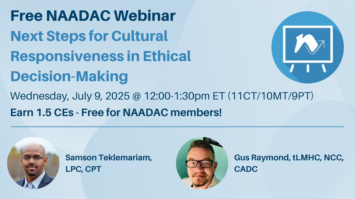 Are you interested in learning about practical next steps to integrate culturally informed care into ethical decision-making? Take part in NAADAC’s free webinar on Wednesday, July 9 at 12:00pm ET with Samson Teklemariam, LPC, CPTM, and Gus Raymond, tLMHC, NCC, CADC.