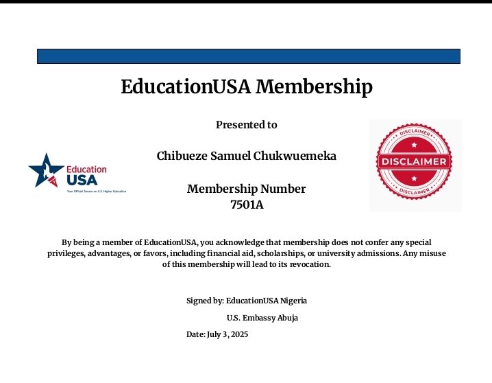🎓 Proud to be part of the EducationUSA Nigeria family! 🇳🇬🇺🇸

I’m excited to share that I am now officially a member of EducationUSA Nigeria, a prestigious U.S. Department of State network that supports students in accessing U.S. higher education opportunities.

Thank you.