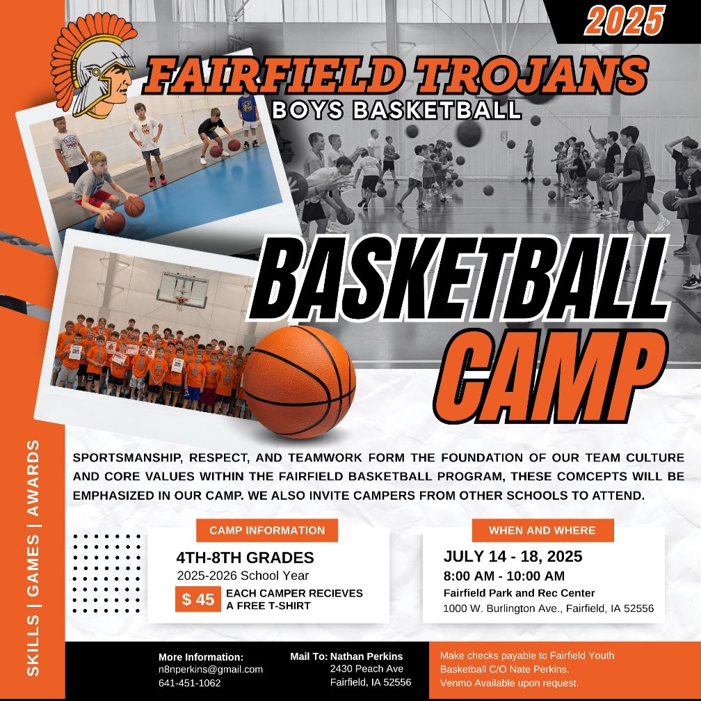 🏀CAMP STARTS ONE WEEK FROM TODAY🏀
Fairfield Boys Basketball Camp
July 14th - 18th
Grades: 4th - 8th (25-26 school year)

Link: drive.google.com/file/d/10UJbQR…

All campers will receive a Trojan Camp T-Shirt! 

SEE YOU AT THE GYM! GO TROJANS!