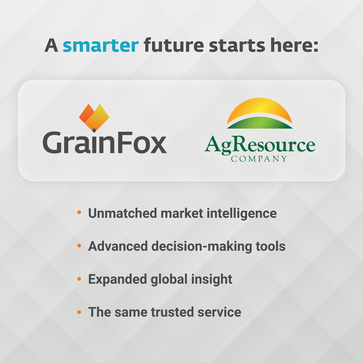 GrainFox (@grainfoxapp) on Twitter photo Our exciting proposed merger with <a href="/AgResource/">AgResource Company</a> will bring you:
- Unmatched market intelligence
- Advanced decision-making tools
- Expanded global insight
- The same trusted service
GrainFox - a new era of producer-first farm wealth tools.
Learn more: app.grainfox.marketing/register Our exciting proposed merger with <a href="/AgResource/">AgResource Company</a> will bring you:
- Unmatched market intelligence
- Advanced decision-making tools
- Expanded global insight
- The same trusted service
GrainFox - a new era of producer-first farm wealth tools.
Learn more: app.grainfox.marketing/register