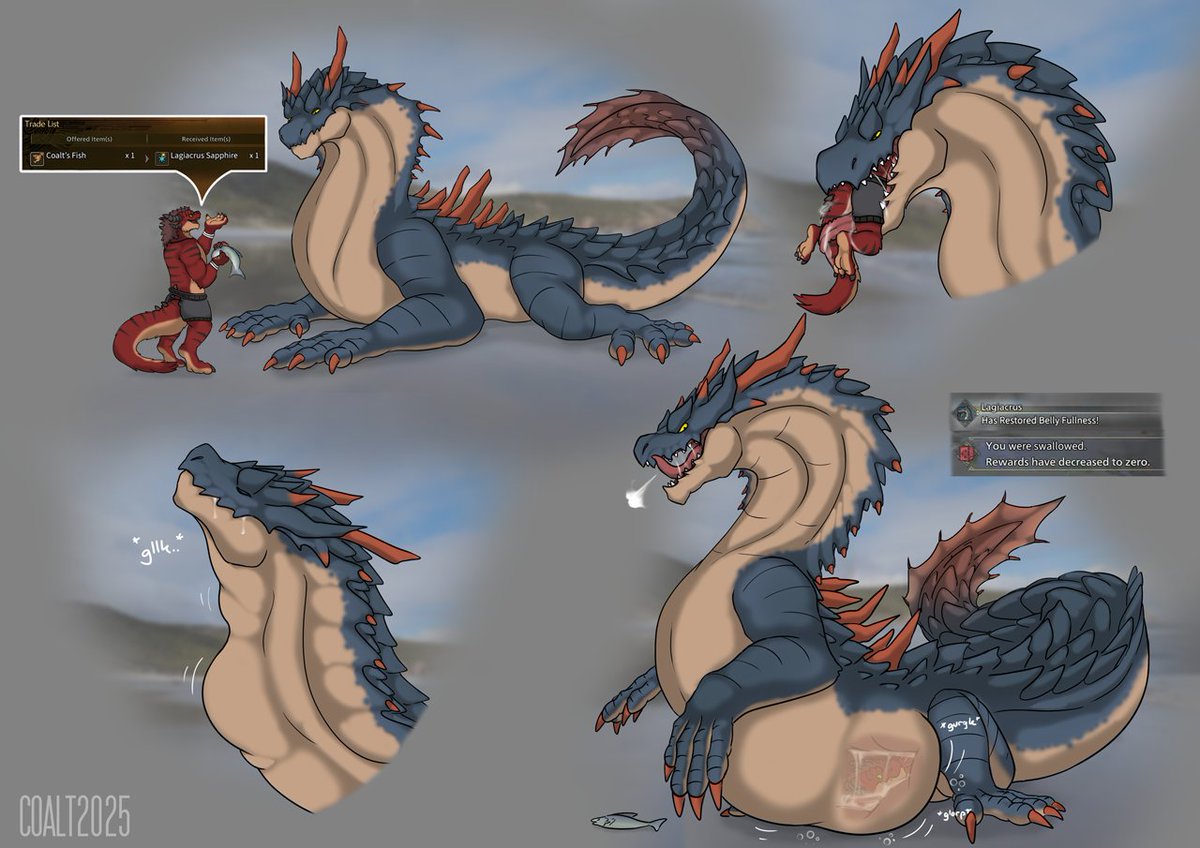 Yeah, Coalt kinda deserved that. An insult to the leviathan's intelligence.

My contribution to the growing compendium of Monster Hunter vore artwork.