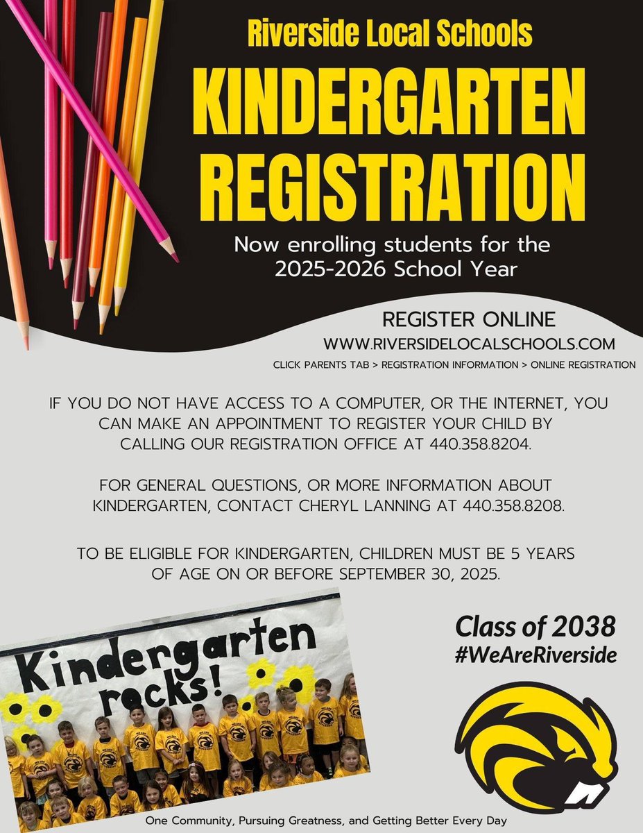 To the parents of the Class of 2038, if you have not yet registered your child for Kindergarten for the 2025-2026 school year, now is the time to do so. 

#WeAreRiverside