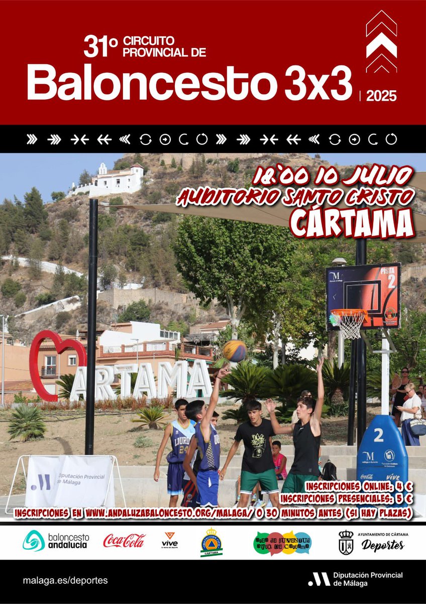 El Circuito Provincial de Baloncesto 3x3 continuará en Cártama el jueves día 10 de julio a las 18:00h. El viernes 11 de julio se desplazará a Álora - PORTADA - Federación Andaluza de Baloncesto andaluzabaloncesto.org/malaga/delegac…