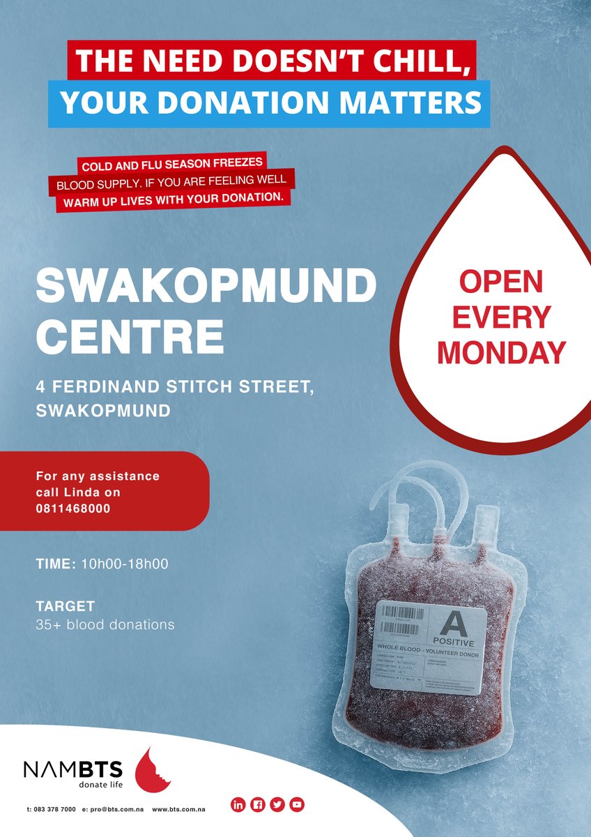 Cold or Misty, someone out there still needs your blood.

Don’t let the cold stop you from saving lives with one blood donation. 

The Swakopmund Centre is open every Monday from 10h00-18h00.

For queries or transport call 081 1468000.

#theneeddoesntchill #donateblood2025
