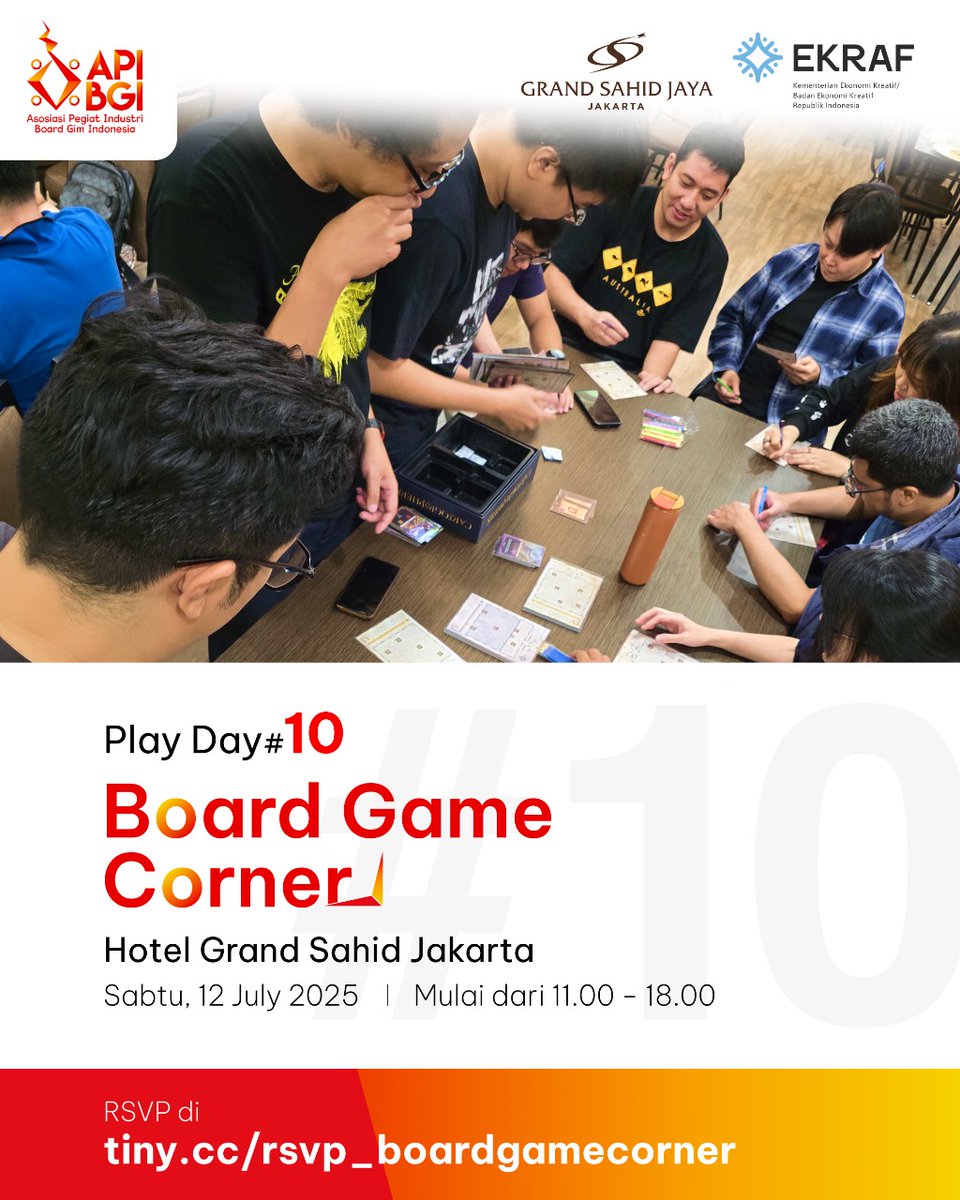 mahawirasd's tweet photo. Hi Gengs!
PLAYDAY &amp; PLAYTEST DAY APIBGI x Grand Sahid Jaya

GRATIS!

Sabtu 12/07/2025
11.00 - 18.00 WIB

di Meeting Rooms lantai 2

Hotel Grand Sahid Jaya
https://t.co/pfDr3Rrrsm

yu mari main bareng gengs!

#APIBGI #playday #boardgames #playunplugged https://t.co/Bp4qkWTRk9