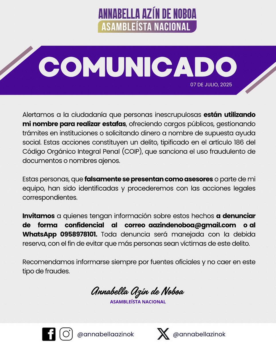 A la ciudadanía🚨: personas sin escrúpulos están usando mi nombre para ofrecer cargos y pedir dinero de forma fraudulenta.

Les invito a informarse solo por medios oficiales y reportar cualquier intento al correo o número indicados. Cuento con su apoyo para frenar estos delitos.