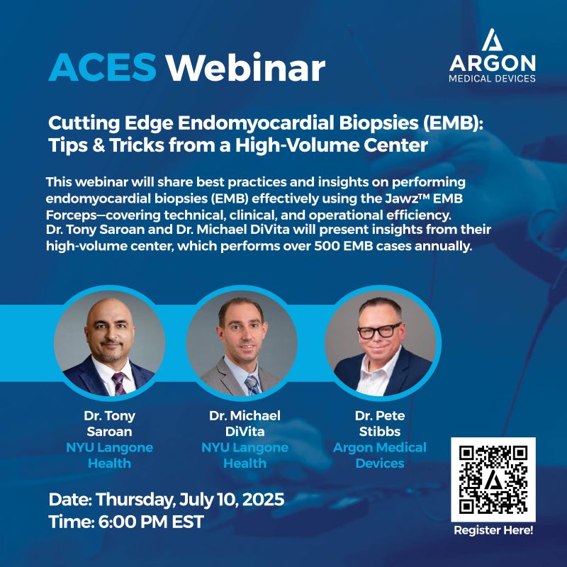 ArgonMedical's tweet image. Join us for our upcoming ACES session "Cutting Edge Endomyocardial Biopsies (EMB): Tips & Tricks from a High-Volume Center" led by Drs. Tony Saroan, MD, Michael DiVita, MD, and moderated by Dr. Pete Stibbs.
This webinar will share best practices and insights on performing…