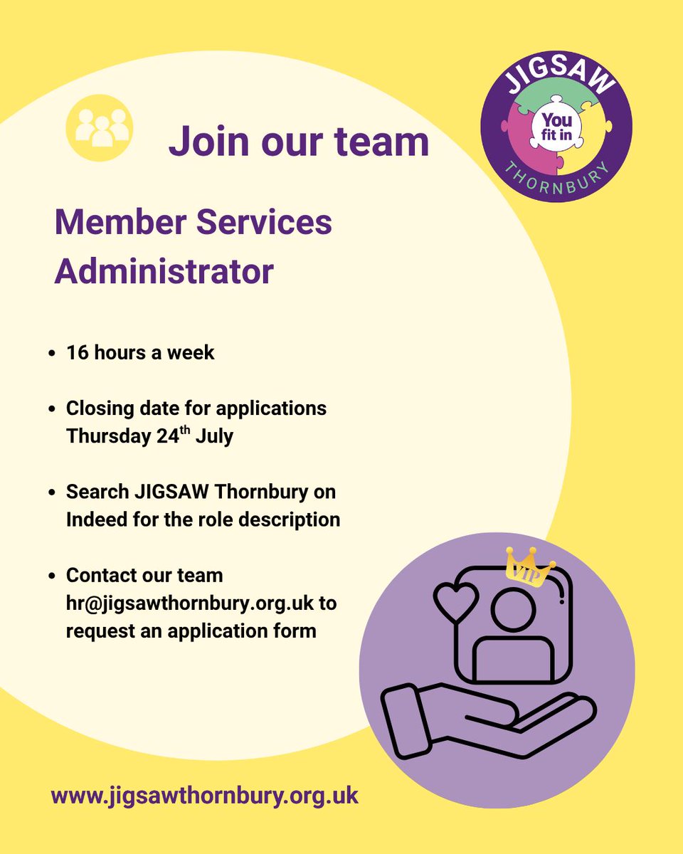 📣 We are seeking an enthusiastic Member Services Administrator to join our team. 
Read more in the role description ➡️ buff.ly/WQpXHPE Contact our team at HR@jigsawthornbury.org.uk to request an application form, or search JIGSAW Thornbury on Indeed.