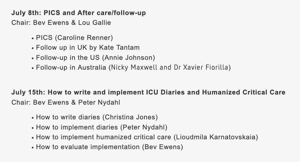 NydahlPeter's tweet photo. Stay tuned for the 5th session of the international ICU Diary Conference on Tuesday, July 8th:
PICS and Aftercare/Follow-up
US CST 7:00 a.m., Central Europe CEST 2:00 p.m., Australia AEST 9 p.m.
Register for free here: https://t.co/TkN60tt9Dv
and spoiler for July 15th https://t.co/NGQxuYS2vT