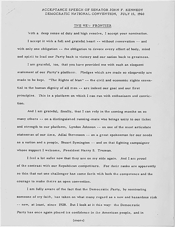 TodaysDocument's tweet image. Acceptance Speech of Senator John F. Kennedy Democratic National Convention The New Frontier July 15, 1960
catalog.archives.gov/id/193148