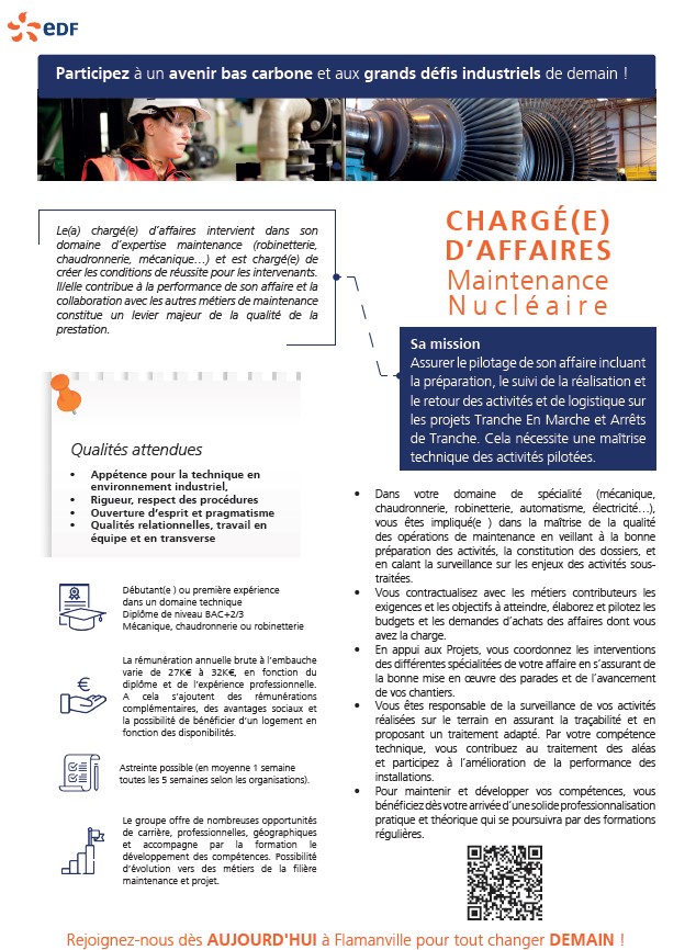 EDFFlamanville's tweet image. Mode #vacances activé😎☀️
Vous êtes à la plage, en terrasse, un livre à la main et songez déjà à la rentrée.
Et si vous vous lanciez un nouveau défi pro ?
➡️EDF Flamanville recrute #maintenance !
Technicien, chargé de préparation, chargé d'affaires : voici les fiches métiers✅