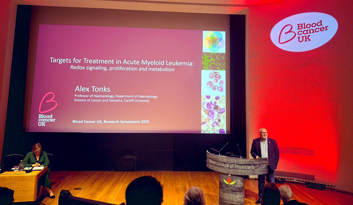 First up after lunch <a href="/BloodCancer_Res/">Blood Cancer UK Research</a> Sympoisium is <a href="/alex_tonks/">Alex Tonks</a> talking about his group’s work developing new targeted therapies for acute myeloid leukaemia (AML) #bloodcancersymposium25