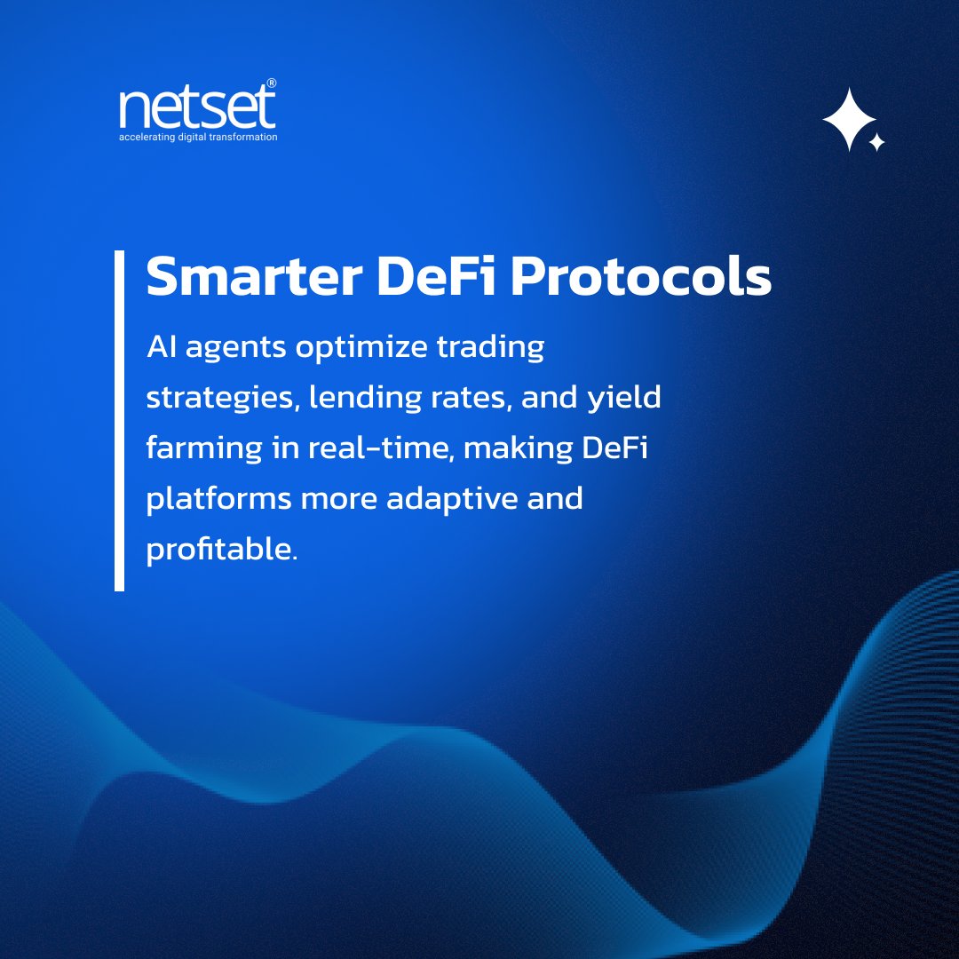 NetSet_Software's tweet image. AI Agents are redefining the future of DeFi & On-Chain Automation. 💡
From optimizing gas fees to real-time risk detection, here’s how AI is transforming decentralized finance.
👇 Swipe through this carousel to see the impact.
#DeFi #AIinBlockchain #NetSetSoftware