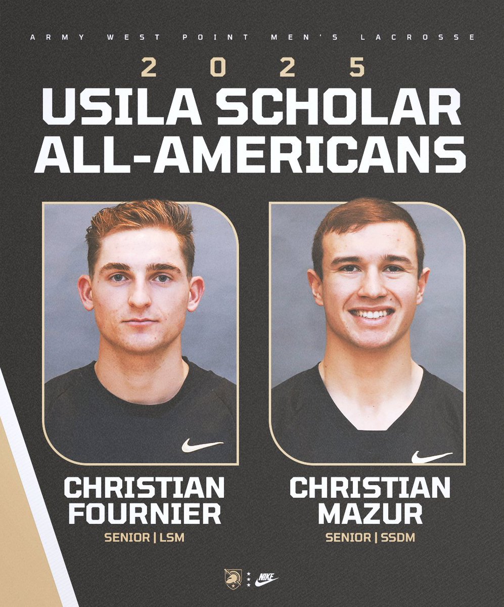 ArmyWP_MLax's tweet image. Congratulations to Christian Mazur and Christian Fournier on their selections as 2025 @USILA_Lax Scholar All-Americans 👏👏👏
🔗 usila.org/news/2025/7/1/…
#GoArmy | #FamilyToughnessTradition