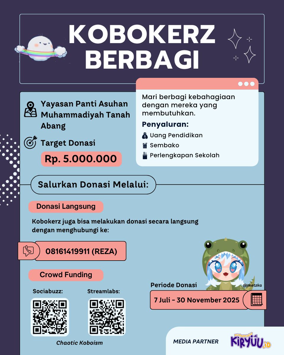 Ryyyaaannn2929's tweet image. Hallo kobokerz!! Dalam rangka menyambut ulang kobo kanaeru pada tgl 12 Desember 2025, kami mengadakan perayaan dan berbagi kepada temen-temen di panti asuhan, ayo ramaikan kobokerz dan ikut berdonasi ya 🥰
Streamlabs
streamlabs.com/koboismchaotic
Sociabuuz
sociabuzz.com/koboism_chaoti…