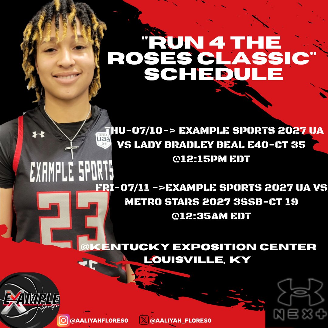 Aaliyah Flores (@aaliyah_flores0) on Twitter photo Here is my 🌹Run 4 The Roses Classic Schedule🌹......Come check us out!! #ExampleStrong
<a href="/ExampleSports3/">Example Sports AAU</a> #Run4TheRoses Here is my 🌹Run 4 The Roses Classic Schedule🌹......Come check us out!! #ExampleStrong
<a href="/ExampleSports3/">Example Sports AAU</a> #Run4TheRoses