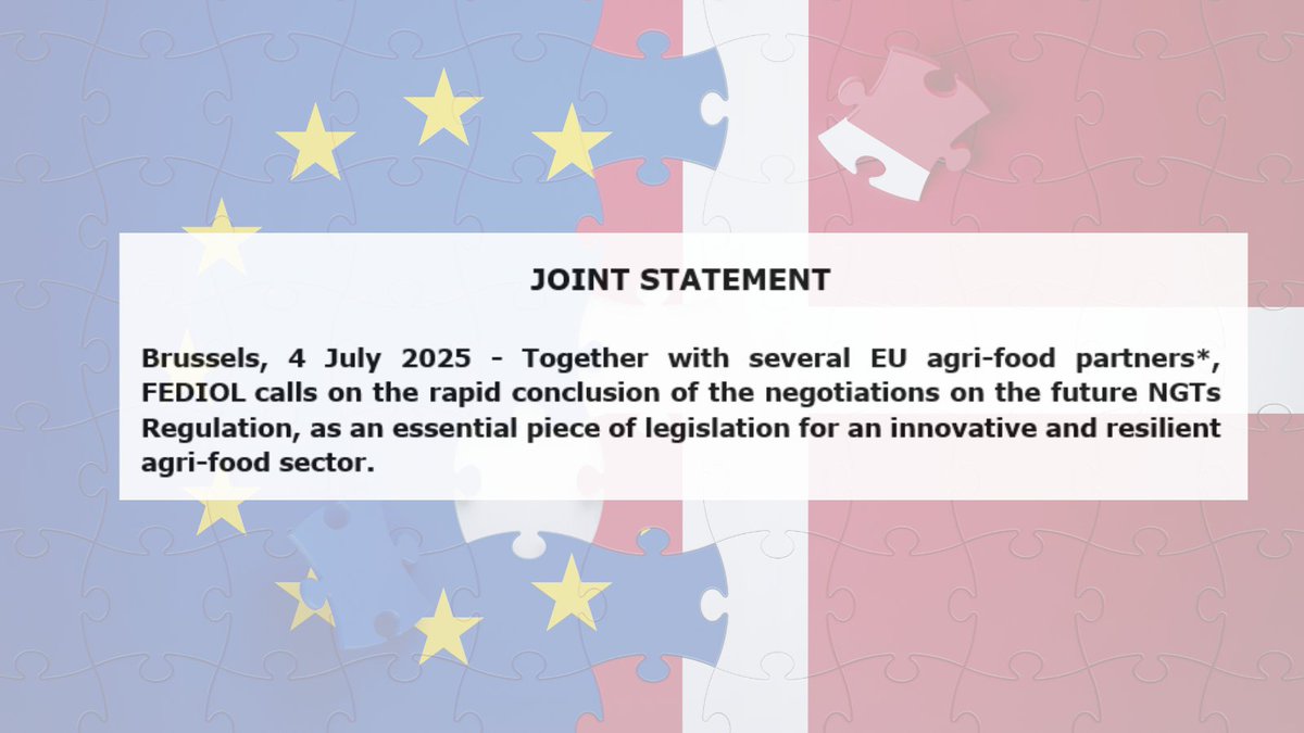 FEDIOL (@fediol_eu) on Twitter photo Together with #EU #agrifood partners, FEDIOL calls on the rapid conclusion of the negotiations on the future #NGTs Regulation.
We thank the #PolishPresidency and look forward to further advancements under the <a href="/eu2025dk/">Danish Presidency of the Council of the EU 2025</a>
👉shorturl.at/m5lKG Together with #EU #agrifood partners, FEDIOL calls on the rapid conclusion of the negotiations on the future #NGTs Regulation.
We thank the #PolishPresidency and look forward to further advancements under the <a href="/eu2025dk/">Danish Presidency of the Council of the EU 2025</a>
👉shorturl.at/m5lKG