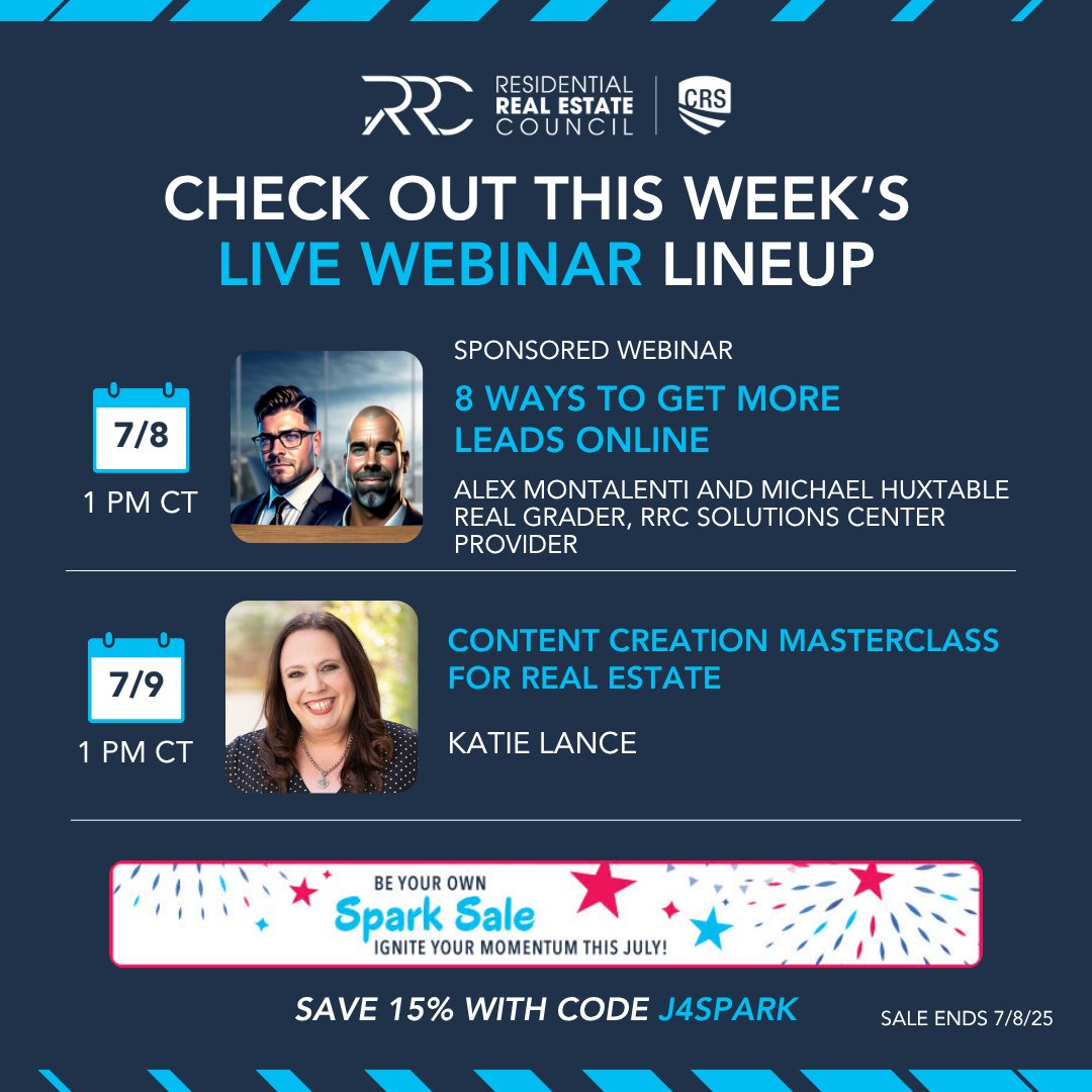 📅 This week’s RRC webinars = smarter lead gen + better content:
Join us: bit.ly/3WqN4Fu 💻
7/8: 8 ways to get leads online (no ads needed)
7/9: Master real estate content with writing, video, visuals + AI tools
📣 Marketing made easier &amp; way more effective.
#LeadGen