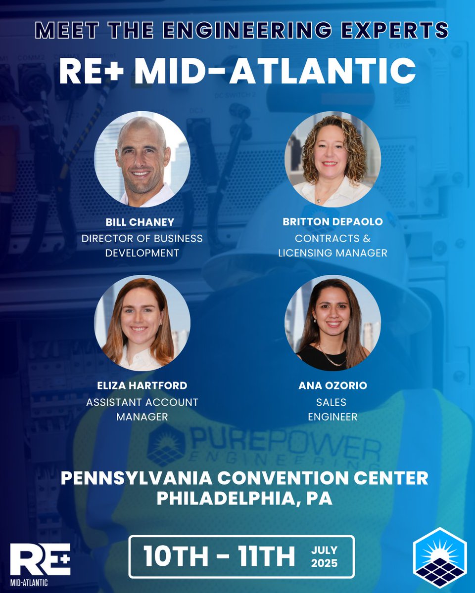 PurePowerSys's tweet image. calendly.com/purepowerengin…📍Meet the experts behind your next successful solar + storage project! Pure Power is heading to RE+ Mid-Atlantic — and our team will be on the show floor in Philadelphia to connect. With 15,000+ project touchpoints and 6.6 GW engineered nationwide.