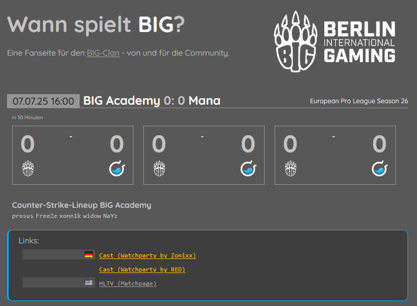 Nächstes <a href="/BIGCLANgg/">BIG</a> Academy Match steht an.
Live bei den üblichen Verdächtigen <a href="/redCS_2/">red</a> und <a href="/zonixxCS/">zonixx</a>.
#GoBIG
