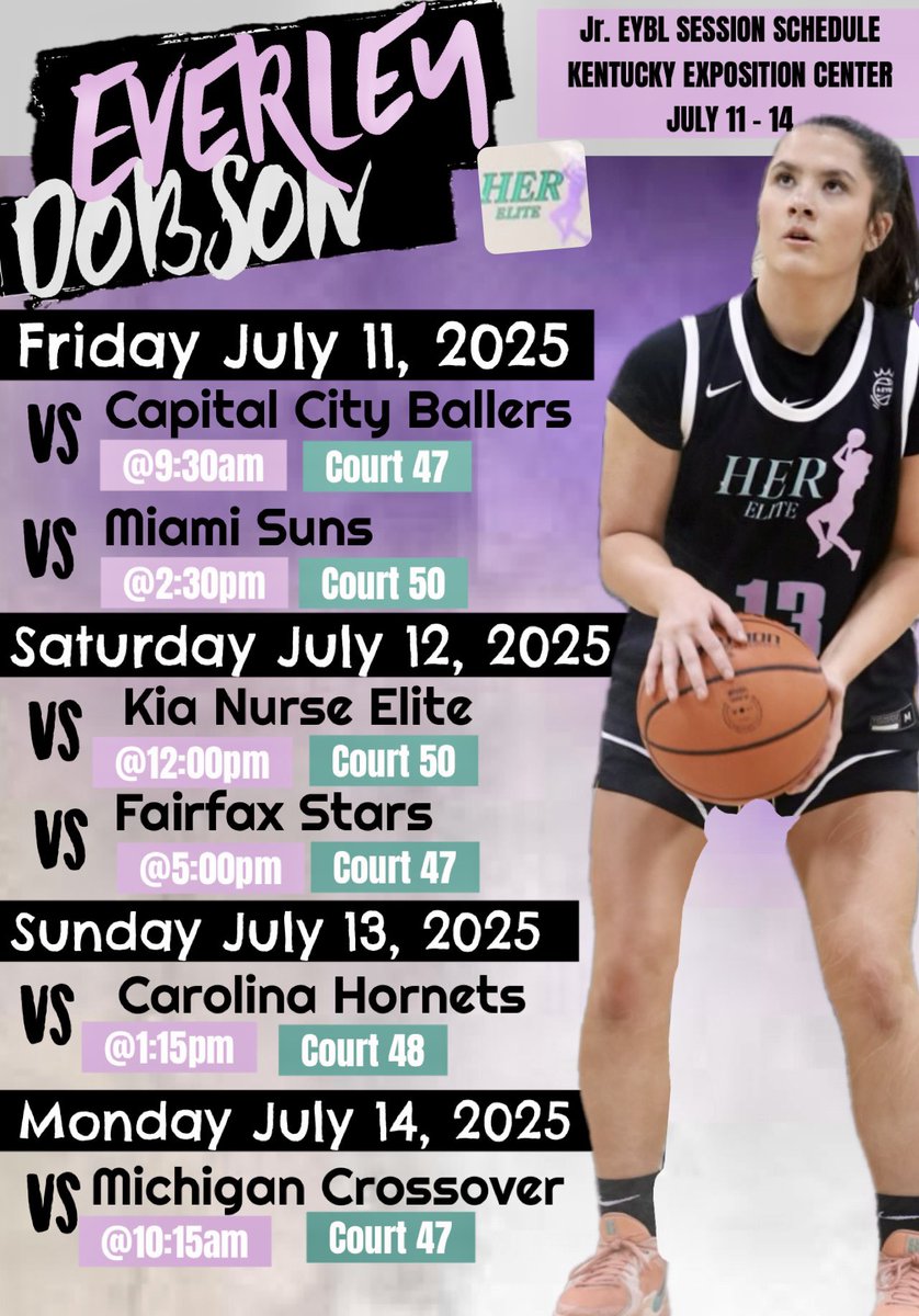 Announcing my schedule for Jr. EYBL Session Ill in Louisville, Kentucky. Excited to compete with my teammates!