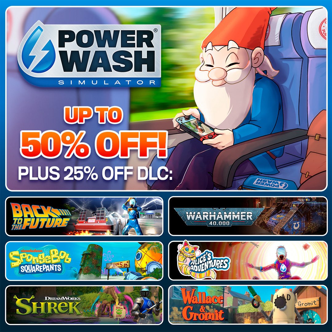 PowerWashSim's tweet image. It's time to Switch up your cleaning 💦
PowerWash Simulator is on sale on the Nintendo eShop until July 16th!
50% off Base Game
25% off Special Packs