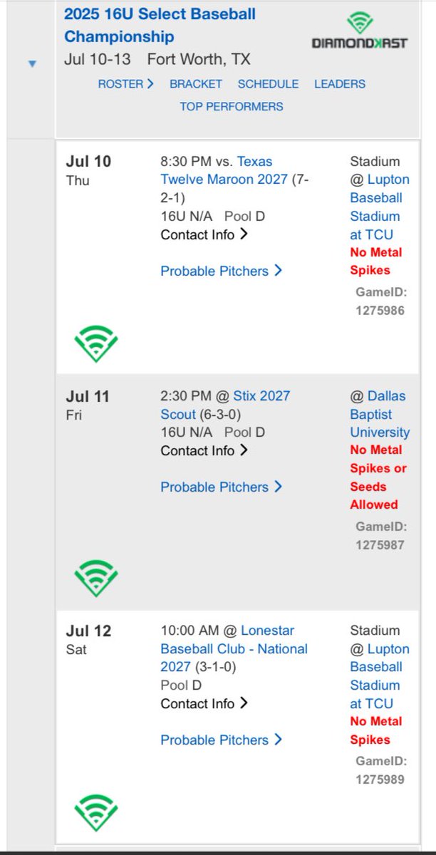 this is My schedule this coming week for the <a href="/Texas_PG/">Perfect Game Texas</a> Select Baseball Championship

<a href="/TexasEdge/">Texas Edge</a> <a href="/PaschalBaseball/">PaschalBaseball</a> <a href="/ClintDunham/">Clint Dunham</a>