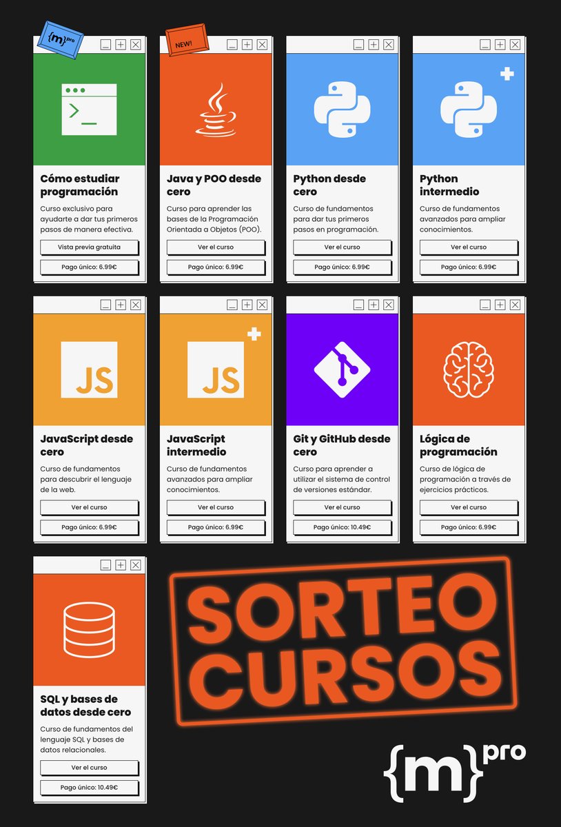 SORTEO 3 cursos de mouredev pro para aprender programación! 🎁

Participa:
🔄 Comparte el post
💬 Comenta con el curso que quieres
🌐 Sorteo global

Los tienes todos en mouredev.pro/cursos

El viernes publico el resultado. Suerte 🤘