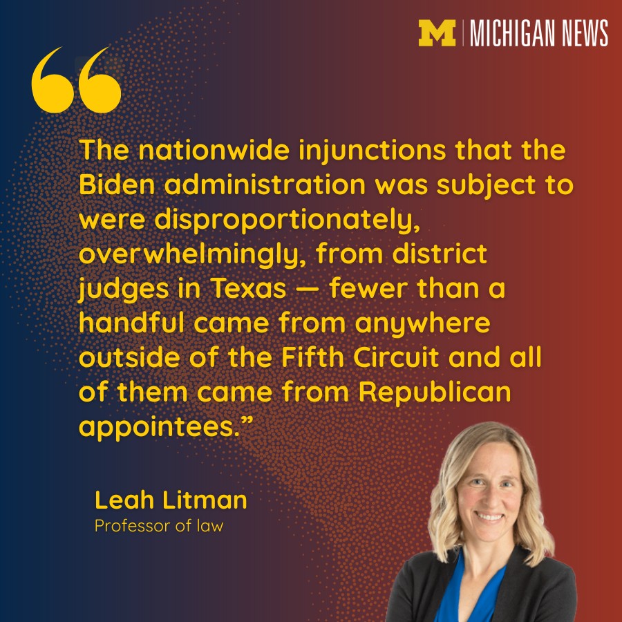 UMichiganNews's tweet image. "The efforts to characterize the nationwide injunctions that the Trump administration was subject to as similar to the ones the Biden administration faced is just a kind of false equivalency," said Leah Litman, professor of law @UMichLaw. via @FOX2News: fox2detroit.com/news/litman-su…