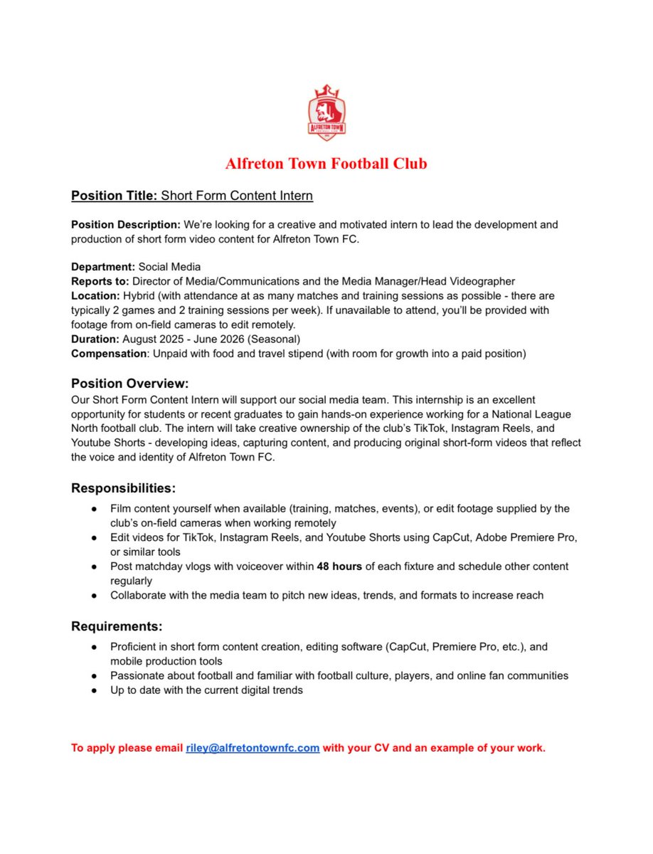 Alfreton Town FC (@alfretontownfc) on Twitter photo Weโre on the lookout for a Short Form Content Intern to join our expanding volunteer media team.
Think you could help us build our online presence? Drop us a message or email riley@alfretontownfc.com Weโre on the lookout for a Short Form Content Intern to join our expanding volunteer media team.
Think you could help us build our online presence? Drop us a message or email riley@alfretontownfc.com