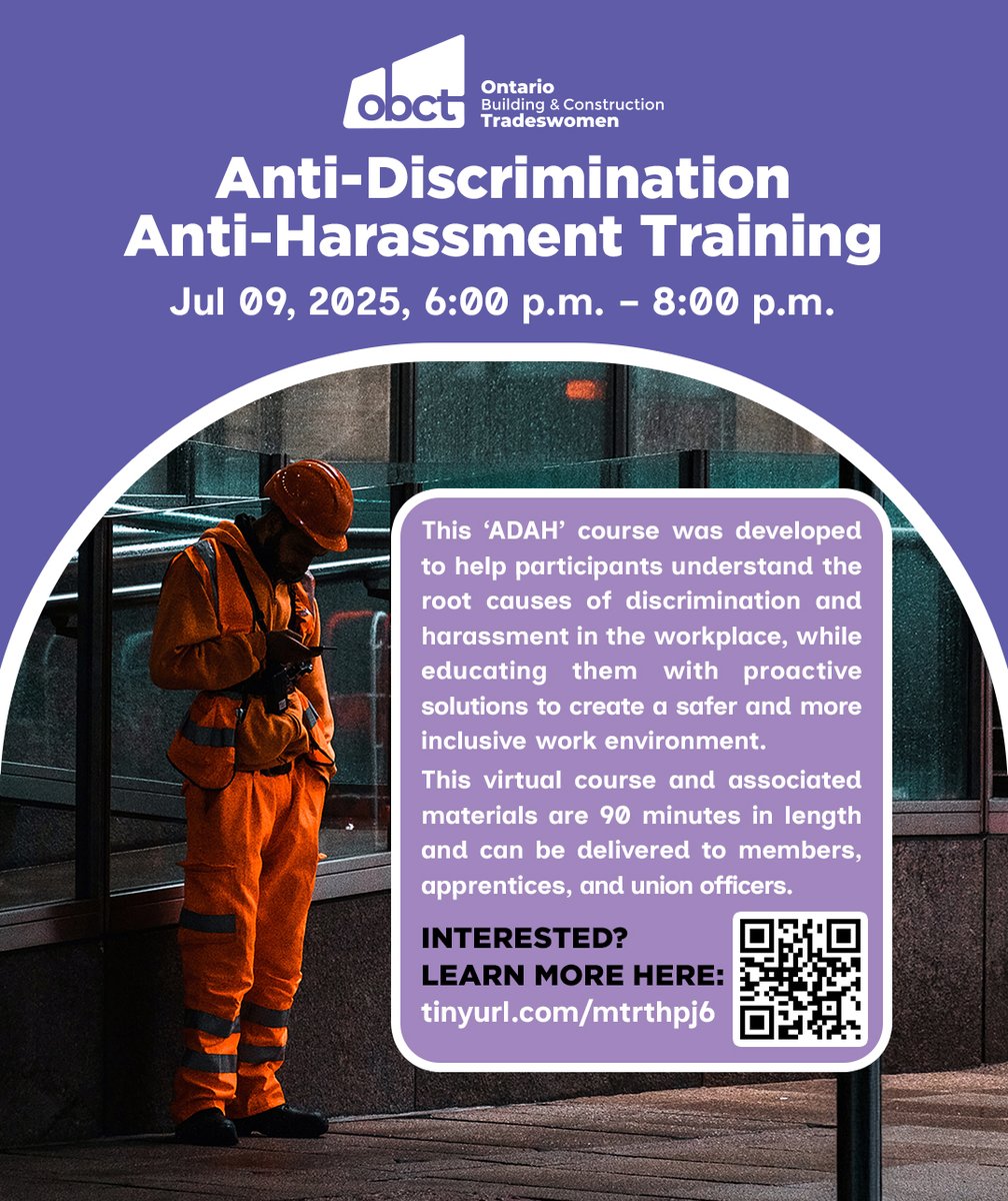 Construction Training & Apprenticeship Ontario (@ctaont) on Twitter photo Hey ya'll,
<a href="/OBCTradeswomen/">OBCTradeswomen</a> is hosting a Virtual Session of their Anti-Discrimination Anti-Harassment Training course on July 9th 2025.
Learn about harassing behavior at work and what you can do to hold people accountable.
Read more: bit.ly/4lDdJKg Hey ya'll,
<a href="/OBCTradeswomen/">OBCTradeswomen</a> is hosting a Virtual Session of their Anti-Discrimination Anti-Harassment Training course on July 9th 2025.
Learn about harassing behavior at work and what you can do to hold people accountable.
Read more: bit.ly/4lDdJKg