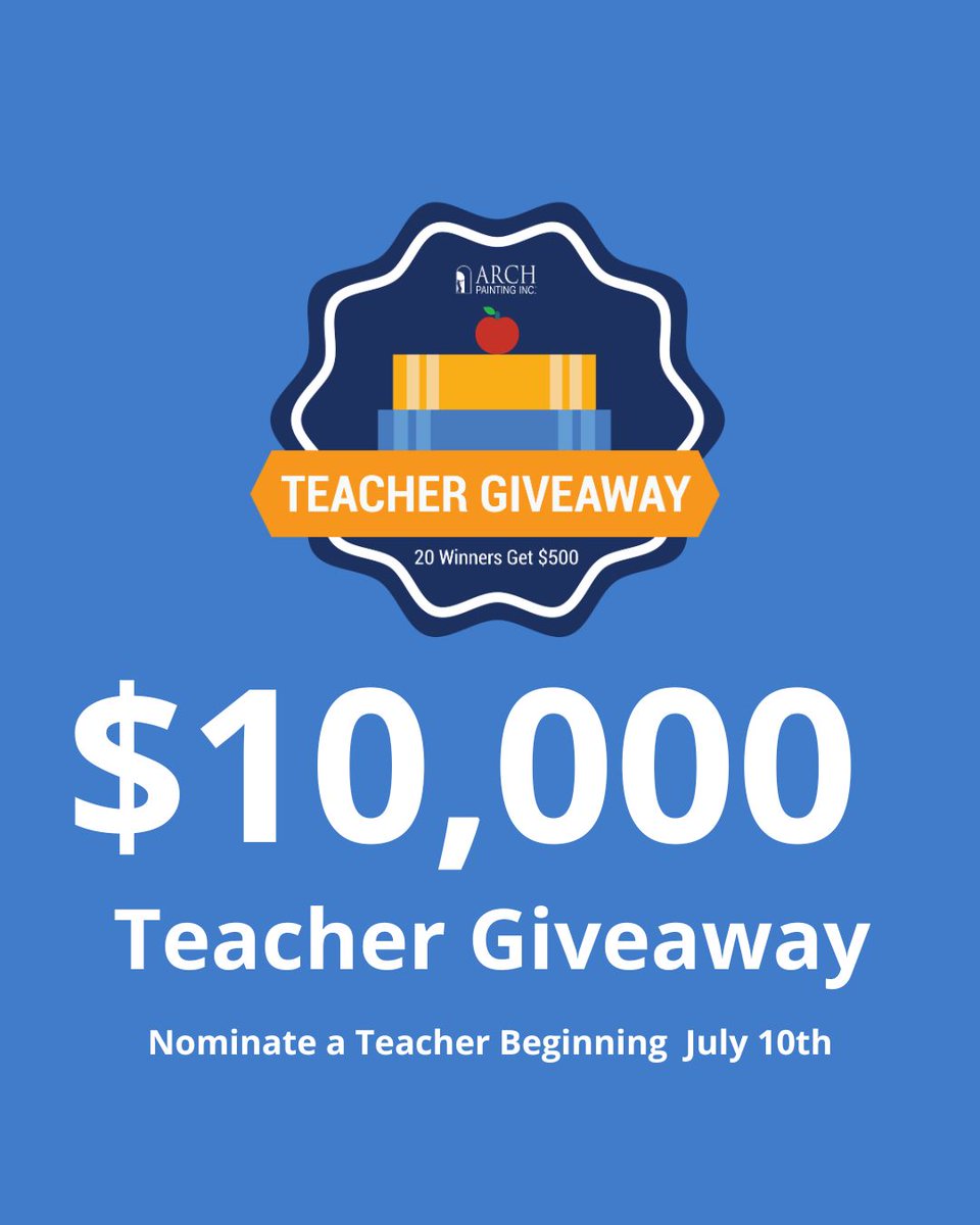 ArchPainting's tweet image. 📣 It’s back! Beginning Thursday, July 10th, our Teacher Giveaway nominations will open. We’re giving back to the educators who give so much - stay tuned for your chance to win classroom funds and supplies. 🍎✏️ #teachergiveaway #teachers #teacherappreciation