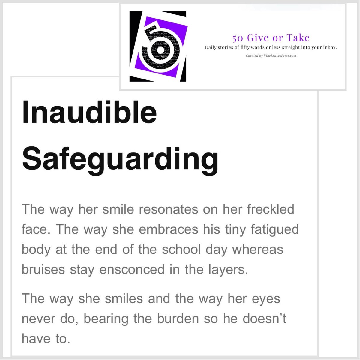 Andrea Damic (@damicandrea) on Twitter photo Big thanks to <a href="/VineLeavesPress/">Vine Leaves</a> for publishing this tiny 50 words story - Inaudible Safeguarding. Looking forward to the print anthology as well 🥰 Thank you
#WritingCommunity #microfiction #flashfiction #vineleavespress #ReadersCommunity #arts Big thanks to <a href="/VineLeavesPress/">Vine Leaves</a> for publishing this tiny 50 words story - Inaudible Safeguarding. Looking forward to the print anthology as well 🥰 Thank you
#WritingCommunity #microfiction #flashfiction #vineleavespress #ReadersCommunity #arts