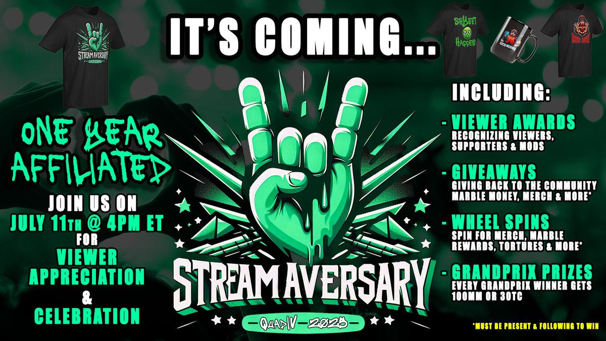 ONLY 4 DAYS AWAY! So stoked to celebrate with y'all, show love to the community, friends &amp; amazing viewers that have been so supportive.

Grand Prix winners get marble prizes, giveaways, wheel spins &amp; viewer awards! Be there - Friday, July 11th @ 4pm ET

#AffiliateAniversary