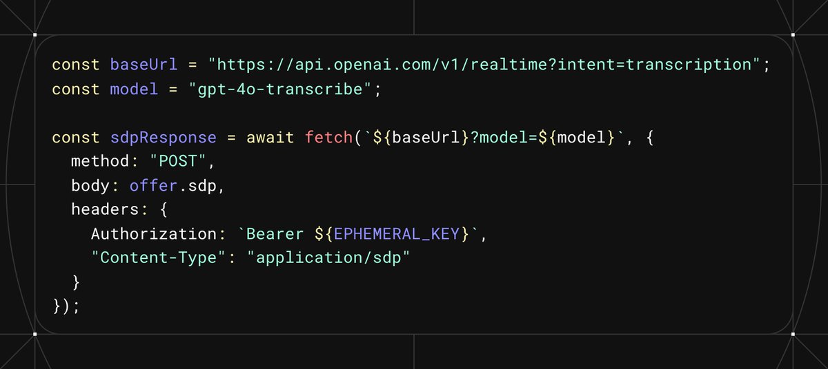 adamalbargh's tweet image. Implementing realtime transcription with @OpenAI and WebRTC
`intent=transcription` is 🔑