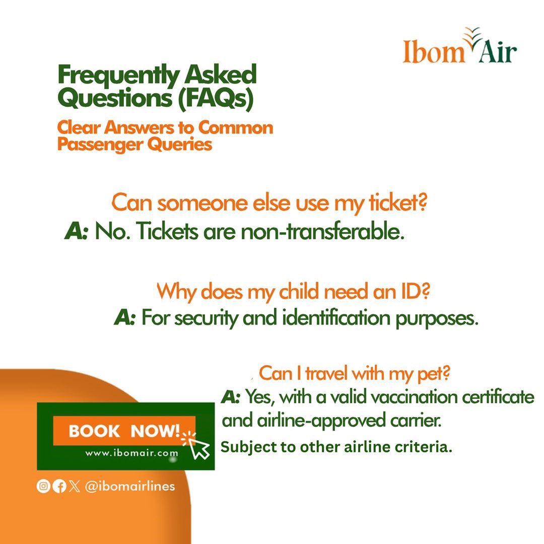 Have an upcoming flight?

Not sure if your child needs an ID?
Wondering if you can travel with your pet?

We’ve answered your most frequently asked questions here:
👉 ibomair.com/faqs

Still have a question? Drop it in the comments—we’re happy to help.

#IbomAir #Flights