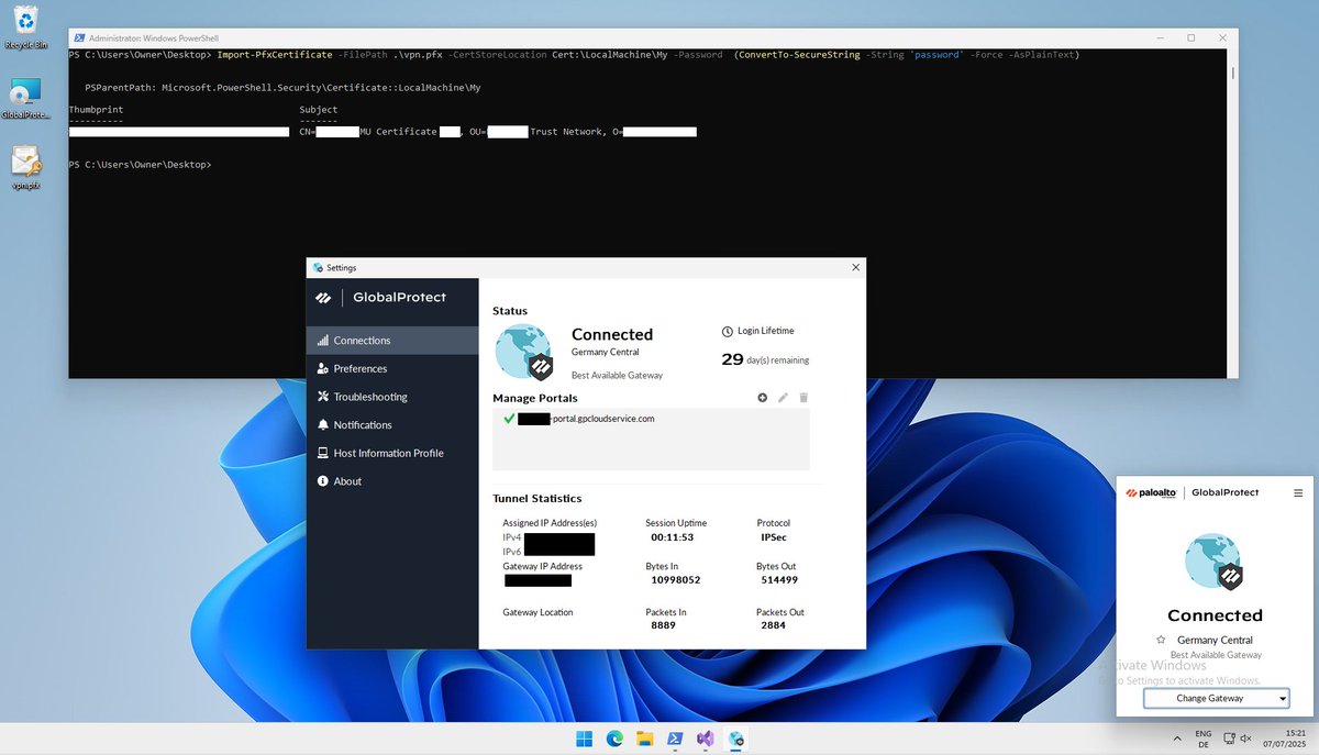 Onboard yourself - PaloAlto Global Protect edition:
1. Become local admin
2. Export device cert from original workstation
3. Import cert in your VM
4. Login with user creds
5. Enjoy EDR-free testing :)