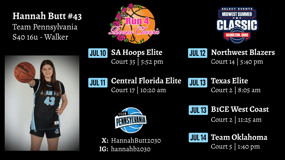 Hannah Butt (@hannahbutt2030) on Twitter photo I get to compete against great talent from all over the country this weekend with my incredible <a href="/TEAMPAHOOPS/">TEAM PENNSYLVANIA</a> S40 16u teammates! How lucky am I?! 💫
Thank you <a href="/nwalkerofficial/">Nashon Walker</a> & Team PA coaches for the opportunity & always pushing us! 💪🏻
Hope to see you there! 🏀 I get to compete against great talent from all over the country this weekend with my incredible <a href="/TEAMPAHOOPS/">TEAM PENNSYLVANIA</a> S40 16u teammates! How lucky am I?! 💫
Thank you <a href="/nwalkerofficial/">Nashon Walker</a> & Team PA coaches for the opportunity & always pushing us! 💪🏻
Hope to see you there! 🏀